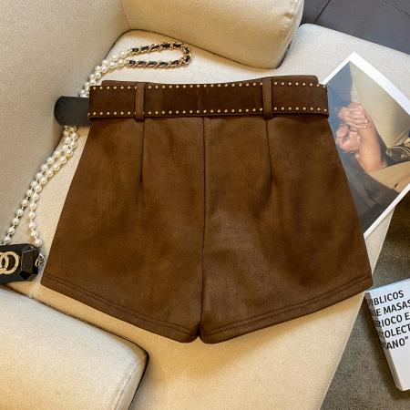 FA46888# 加厚高腰提臀显瘦卡其色短裤女冬季新款韩版百搭a字靴裤  服裝批發女裝批發服飾貨源