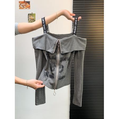 FA46889# 早秋别致辣妹一字肩拉链印花长袖打底衫设计感小众修身上衣  服裝批發女裝批發服飾貨源