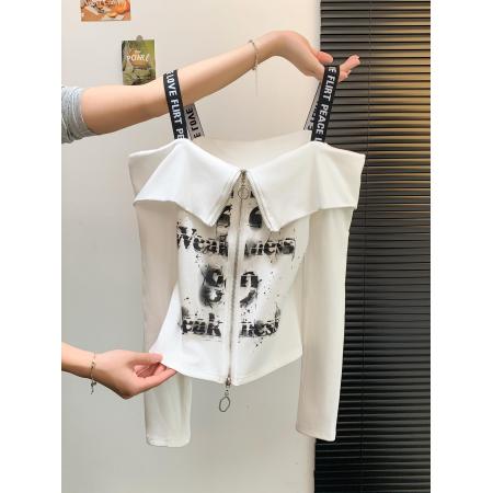FA46889# 早秋别致辣妹一字肩拉链印花长袖打底衫设计感小众修身上衣  服裝批發女裝批發服飾貨源