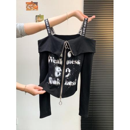 FA46889# 早秋别致辣妹一字肩拉链印花长袖打底衫设计感小众修身上衣  服裝批發女裝批發服飾貨源