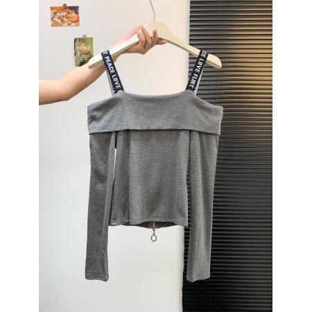 FA46889# 早秋别致辣妹一字肩拉链印花长袖打底衫设计感小众修身上衣  服裝批發女裝批發服飾貨源