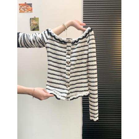 FA46890# 法式小香风条纹花边一字肩上衣女秋巨好看的小衫设计感小众  服裝批發女裝批發服飾貨源