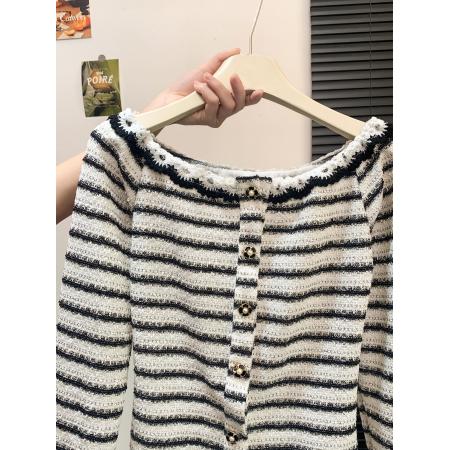 FA46890# 法式小香风条纹花边一字肩上衣女秋巨好看的小衫设计感小众  服裝批發女裝批發服飾貨源