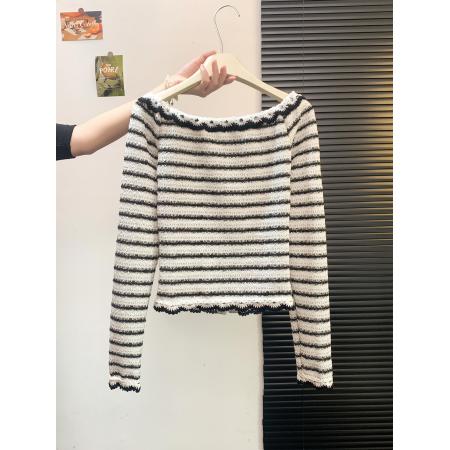 FA46890# 法式小香风条纹花边一字肩上衣女秋巨好看的小衫设计感小众  服裝批發女裝批發服飾貨源