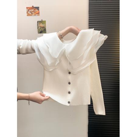 FA46891# 娃娃领荷叶边短款针织开衫女秋打底毛衣修身高级感穿搭上衣  服裝批發女裝批發服飾貨源