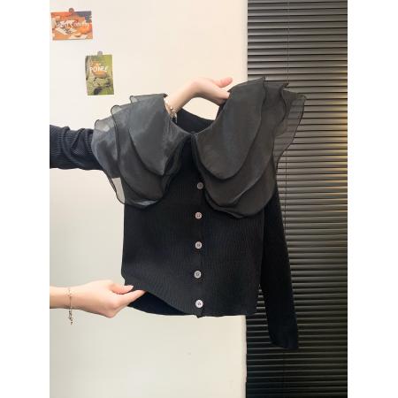 FA46891# 娃娃领荷叶边短款针织开衫女秋打底毛衣修身高级感穿搭上衣  服裝批發女裝批發服飾貨源