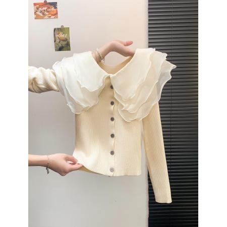 FA46891# 娃娃领荷叶边短款针织开衫女秋打底毛衣修身高级感穿搭上衣  服裝批發女裝批發服飾貨源