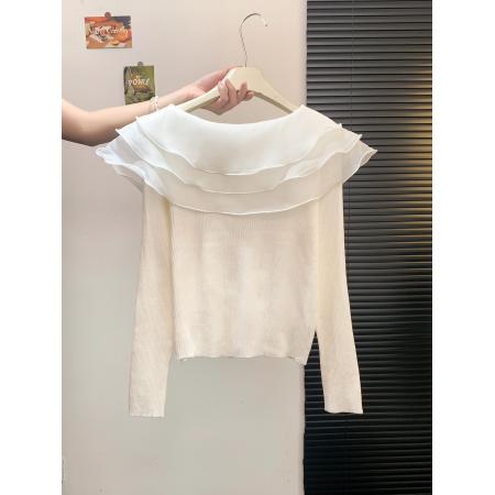 FA46891# 娃娃领荷叶边短款针织开衫女秋打底毛衣修身高级感穿搭上衣  服裝批發女裝批發服飾貨源