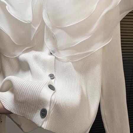 FA46891# 娃娃领荷叶边短款针织开衫女秋打底毛衣修身高级感穿搭上衣  服裝批發女裝批發服飾貨源