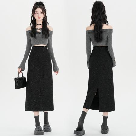 FA46892# 秋冬新款时尚百搭高腰后开叉一步裙小香风修身显瘦  服裝批發女裝批發服飾貨源
