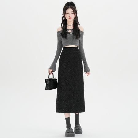 FA46892# 秋冬新款时尚百搭高腰后开叉一步裙小香风修身显瘦  服裝批發女裝批發服飾貨源