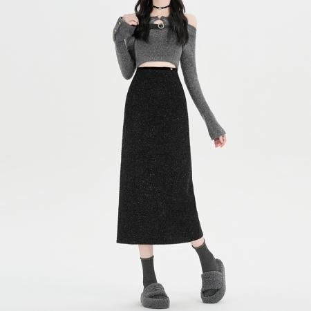 FA46892# 秋冬新款时尚百搭高腰后开叉一步裙小香风修身显瘦  服裝批發女裝批發服飾貨源