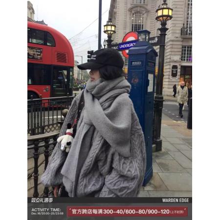 LN76364# 韩好甜WARDENEDGE灰色麻花毛衣女冬宽松慵懒风软糯套头针织上衣