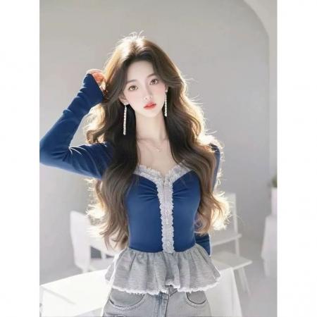 FA46894# 法式高级感甜美设计感长袖衬衫女冬V领拼接小众修身显瘦减龄上衣 服裝批發女裝批發服飾貨源