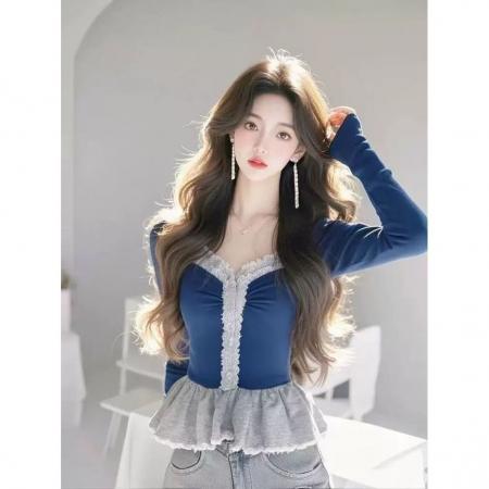 FA46894# 法式高级感甜美设计感长袖衬衫女冬V领拼接小众修身显瘦减龄上衣 服裝批發女裝批發服飾貨源