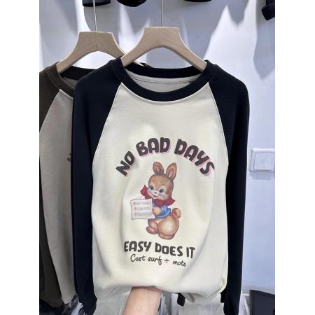 FA46899# 欧货中长款双面磨毛保暖打底衫邦尼兔插肩宽松拼接卫衣T恤冬女潮 服裝批發女裝批發服飾貨源