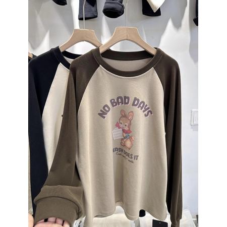 FA46899# 欧货中长款双面磨毛保暖打底衫邦尼兔插肩宽松拼接卫衣T恤冬女潮 服裝批發女裝批發服飾貨源