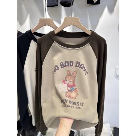 FA46899# 欧货中长款双面磨毛保暖打底衫邦尼兔插肩宽松拼接卫衣T恤冬女潮 服裝批發女裝批發服飾貨源