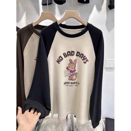 FA46899# 欧货中长款双面磨毛保暖打底衫邦尼兔插肩宽松拼接卫衣T恤冬女潮 服裝批發女裝批發服飾貨源