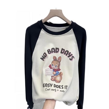 FA46899# 欧货中长款双面磨毛保暖打底衫邦尼兔插肩宽松拼接卫衣T恤冬女潮 服裝批發女裝批發服飾貨源