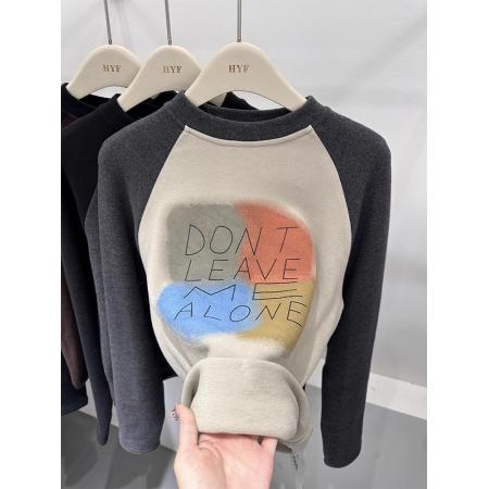 FA46900# 秋冬流行欧货时尚字母印花双面德绒加厚保暖小个子t恤内搭女 服裝批發女裝批發服飾貨源