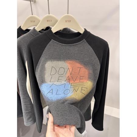 FA46900# 秋冬流行欧货时尚字母印花双面德绒加厚保暖小个子t恤内搭女 服裝批發女裝批發服飾貨源