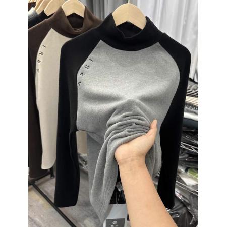 FA46901# 好品双面磨毛澳绒高领T恤女秋冬厚实接拼洋气内搭打底衫刺绣自留 服裝批發女裝批發服飾貨源