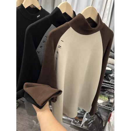 FA46901# 好品双面磨毛澳绒高领T恤女秋冬厚实接拼洋气内搭打底衫刺绣自留 服裝批發女裝批發服飾貨源