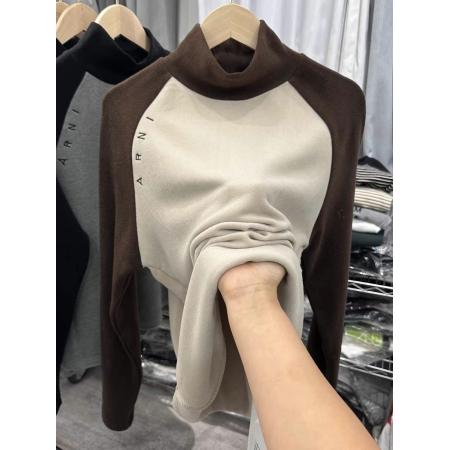 FA46901# 好品双面磨毛澳绒高领T恤女秋冬厚实接拼洋气内搭打底衫刺绣自留 服裝批發女裝批發服飾貨源