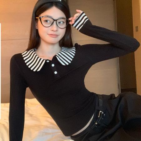 FA46902# 黑色娃娃领内搭打底衫女单穿修身巨好看长袖t恤上衣潮 服裝批發女裝批發服飾貨源