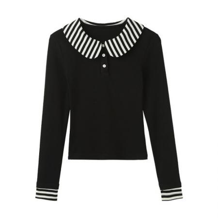 FA46902# 黑色娃娃领内搭打底衫女单穿修身巨好看长袖t恤上衣潮 服裝批發女裝批發服飾貨源