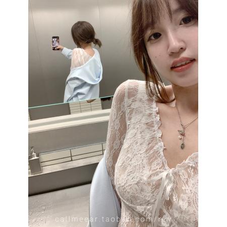 FA46906# 原创浪漫藏不住蕾丝v领长袖T恤女纯欲打底衫上衣 服裝批發女裝批發服飾貨源