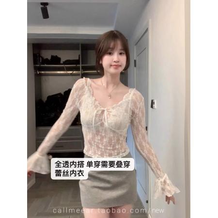 FA46906# 原创浪漫藏不住蕾丝v领长袖T恤女纯欲打底衫上衣 服裝批發女裝批發服飾貨源