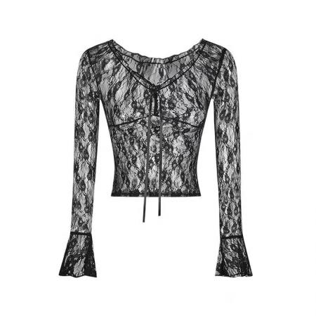 FA46906# 原创浪漫藏不住蕾丝v领长袖T恤女纯欲打底衫上衣 服裝批發女裝批發服飾貨源