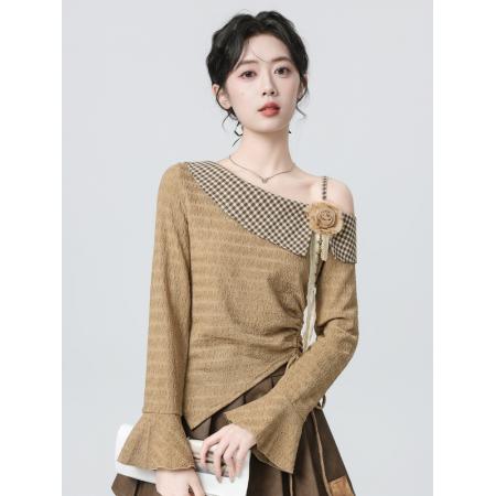 FA46909# 法式不规则针织衫长袖T恤女秋冬新款立体花朵斜肩收腰上衣 服裝批發女裝批發服飾貨源