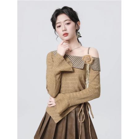 FA46909# 法式不规则针织衫长袖T恤女秋冬新款立体花朵斜肩收腰上衣 服裝批發女裝批發服飾貨源