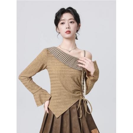 FA46909# 法式不规则针织衫长袖T恤女秋冬新款立体花朵斜肩收腰上衣 服裝批發女裝批發服飾貨源