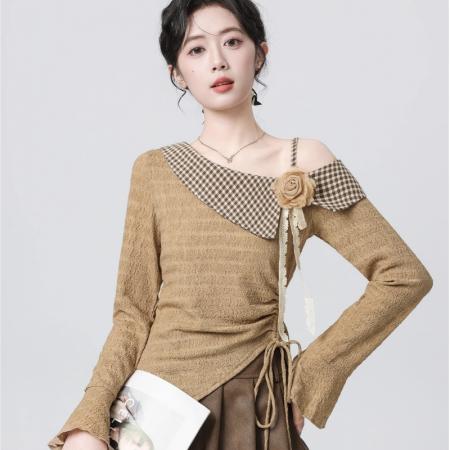 FA46909# 法式不规则针织衫长袖T恤女秋冬新款立体花朵斜肩收腰上衣 服裝批發女裝批發服飾貨源