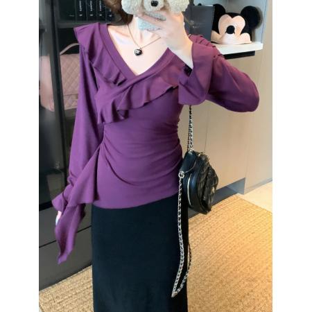 FA46910# 大码荷叶边V领长袖T恤打底衫女秋季设计感上衣 服裝批發女裝批發服飾貨源