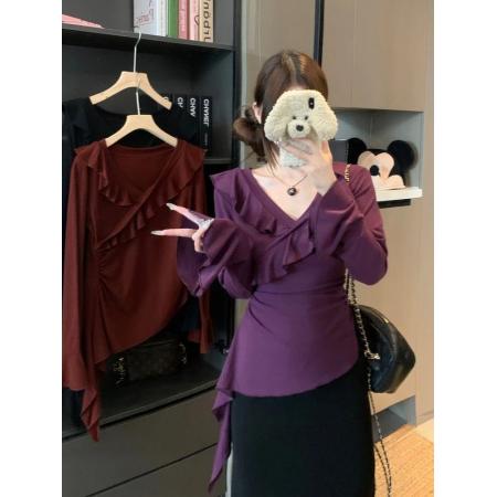 FA46910# 大码荷叶边V领长袖T恤打底衫女秋季设计感上衣 服裝批發女裝批發服飾貨源