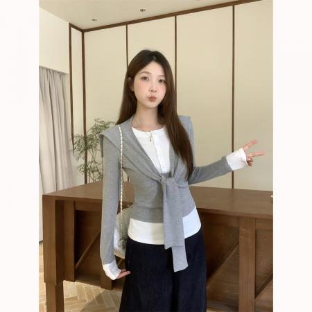 FA46911# 心裁双重奏设计感收腰灰色披肩假两件长袖T恤秋上衣女 服裝批發女裝批發服飾貨源