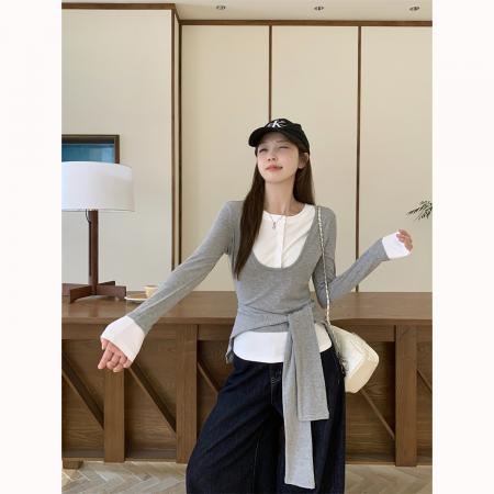 FA46911# 心裁双重奏设计感收腰灰色披肩假两件长袖T恤秋上衣女 服裝批發女裝批發服飾貨源