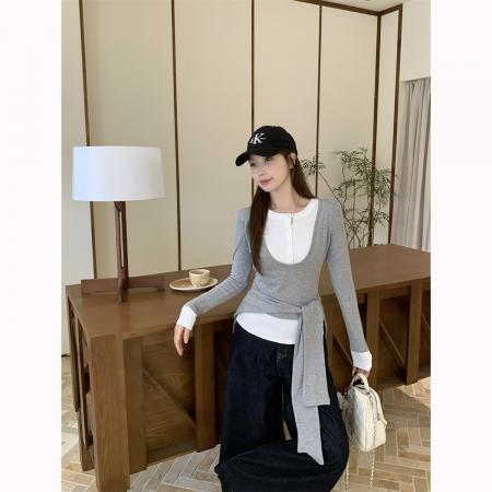 FA46911# 心裁双重奏设计感收腰灰色披肩假两件长袖T恤秋上衣女 服裝批發女裝批發服飾貨源