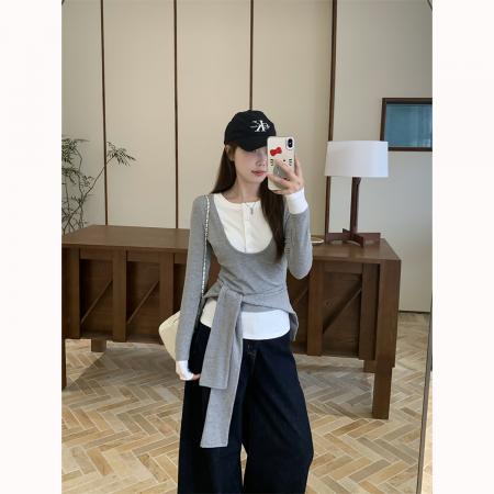 FA46911# 心裁双重奏设计感收腰灰色披肩假两件长袖T恤秋上衣女 服裝批發女裝批發服飾貨源