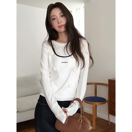 FA46912# 韩系米白色圆领吊带T恤女早秋季立体花朵字母上衣修身显瘦打底衫 服裝批發女裝批發服飾貨源