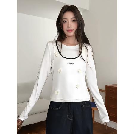 FA46912# 韩系米白色圆领吊带T恤女早秋季立体花朵字母上衣修身显瘦打底衫 服裝批發女裝批發服飾貨源