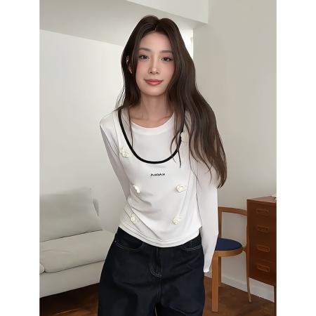 FA46912# 韩系米白色圆领吊带T恤女早秋季立体花朵字母上衣修身显瘦打底衫 服裝批發女裝批發服飾貨源