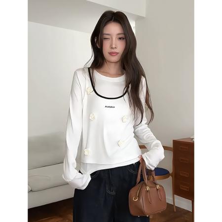 FA46912# 韩系米白色圆领吊带T恤女早秋季立体花朵字母上衣修身显瘦打底衫 服裝批發女裝批發服飾貨源