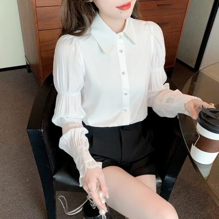 FA46919# 法式小众长袖纯色衬衫女秋季新款设计感珍珠领泡泡袖雪纺衫 服裝批發女裝批發服飾貨源