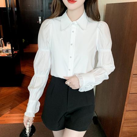 FA46919# 法式小众长袖纯色衬衫女秋季新款设计感珍珠领泡泡袖雪纺衫 服裝批發女裝批發服飾貨源